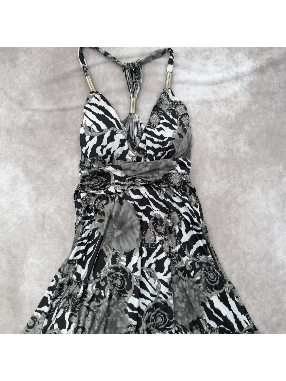 Vintage Y2K Zebra Animal Print Paisley Halter Asymmetrical Midi Dress S - Picture 2 of 9